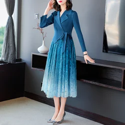 Women Long Dress 2023 Spring Summer New Light Luxury Design Suit Collar Pleated 4/5 Sleeve Office Lady Chic Fake Two Piece Dress