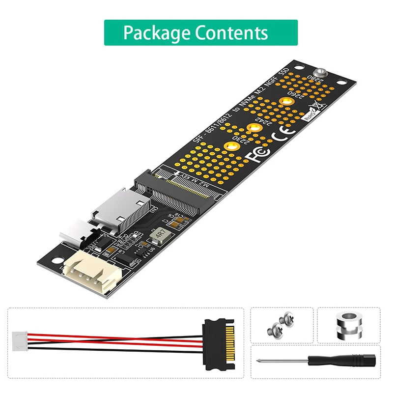 M.2 NVME M Key to SFF-8611 Riser Type C Power Supply NVME SSD Adapter + SATA to 4Pin Power Cable for 2230 2242 2260 2280 M.2 SSD