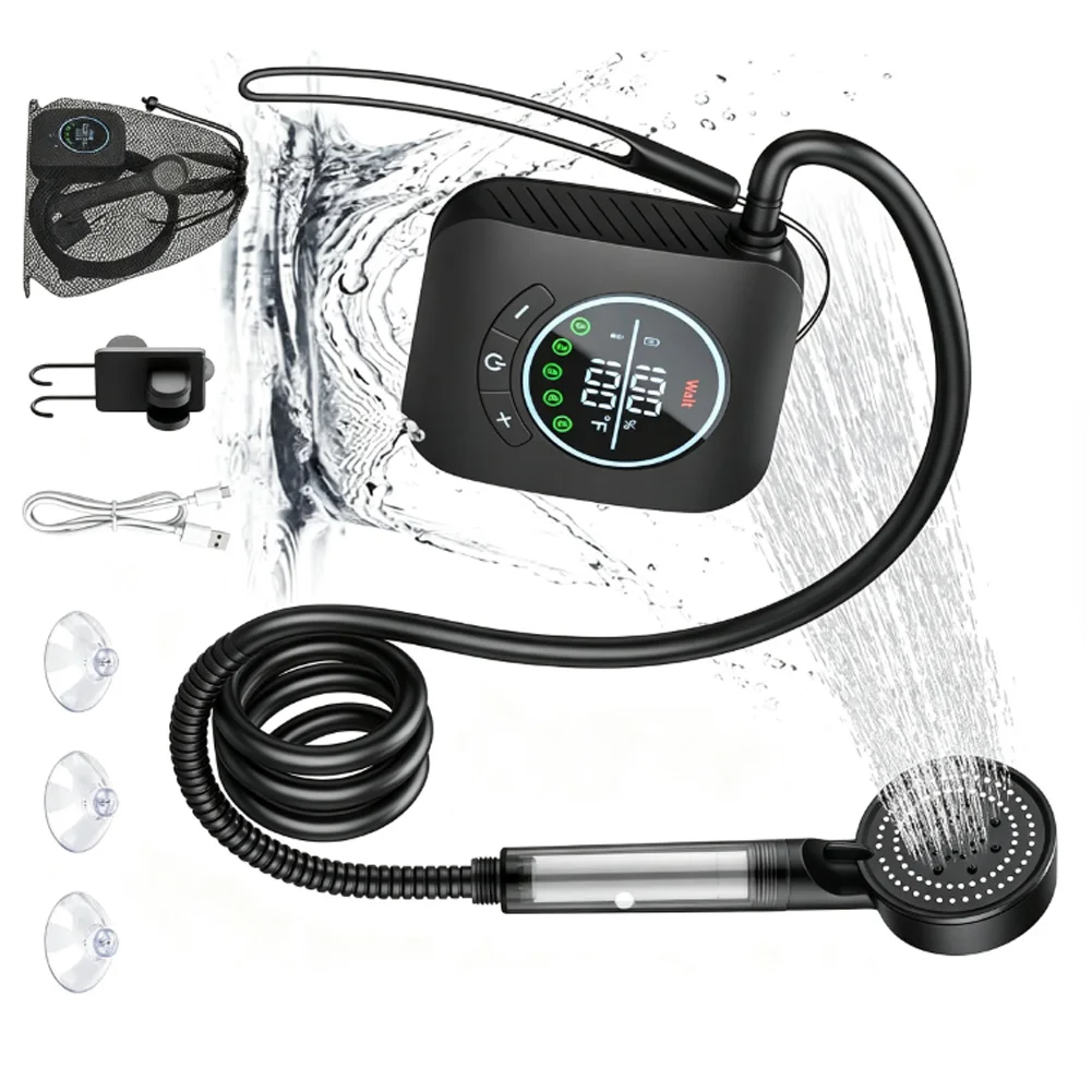 Electric Camping Shower with 8000mAh Battery 5 Spray Types LED Screen for Water and Power Level Outdoor Activities