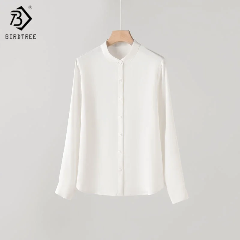 Birdtree, blusa lisa de 100% seda de morera 7% LICRA, Tops de un solo pecho de crepé pesado para mujer, camisa con cuello levantado, novedad de 2025 T5D625JF
