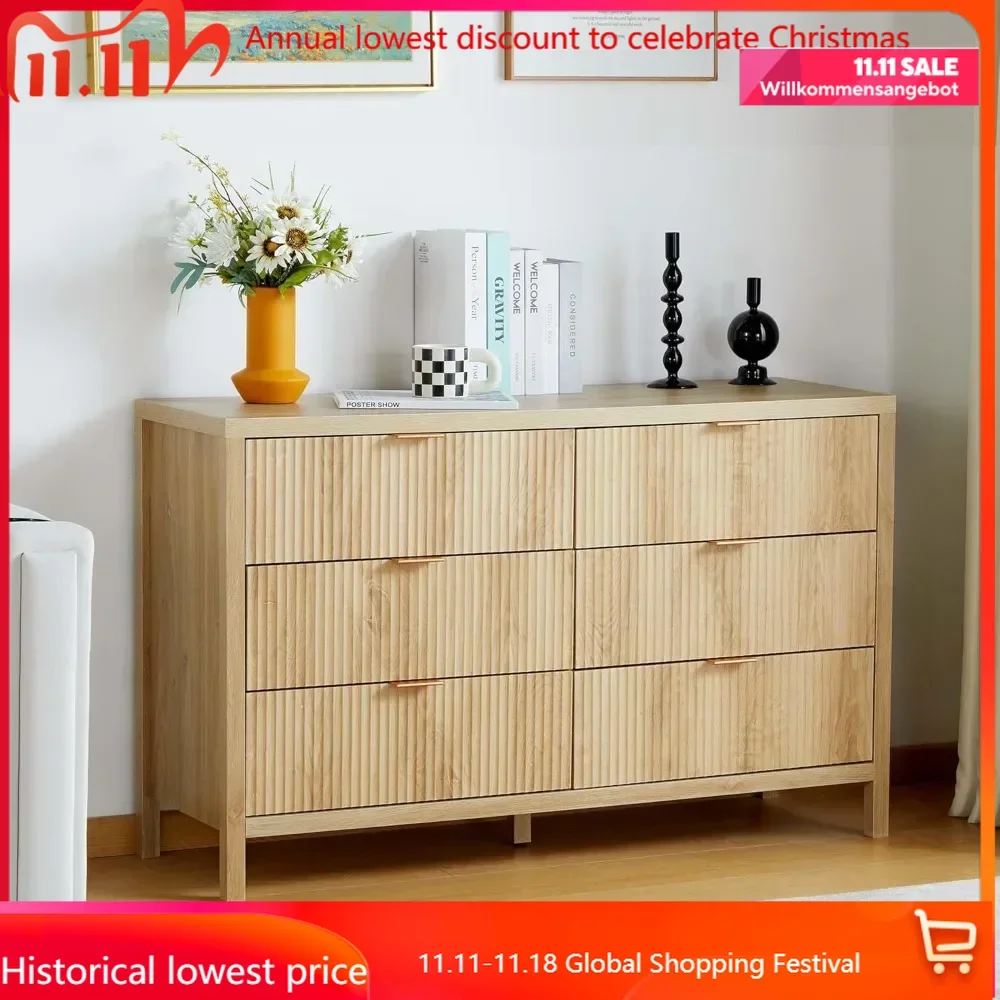 6 Drawer Double Dresser for Bedroom, Modern Closet Dressers Chest of Drawers with Fluted Panel,Wide Wood Storage Dresser Organiz