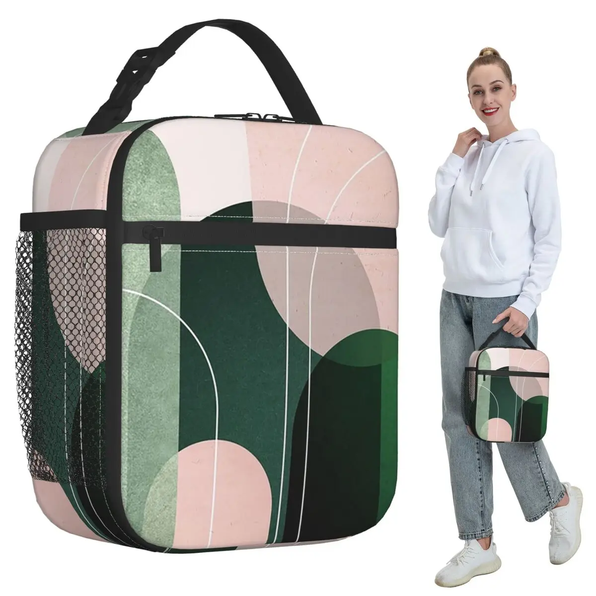 Mid Century Arches In Pink And Green Insulated Lunch Bag for Women Office Cooler Thermal Food Box Tote Lunch Boxes Container