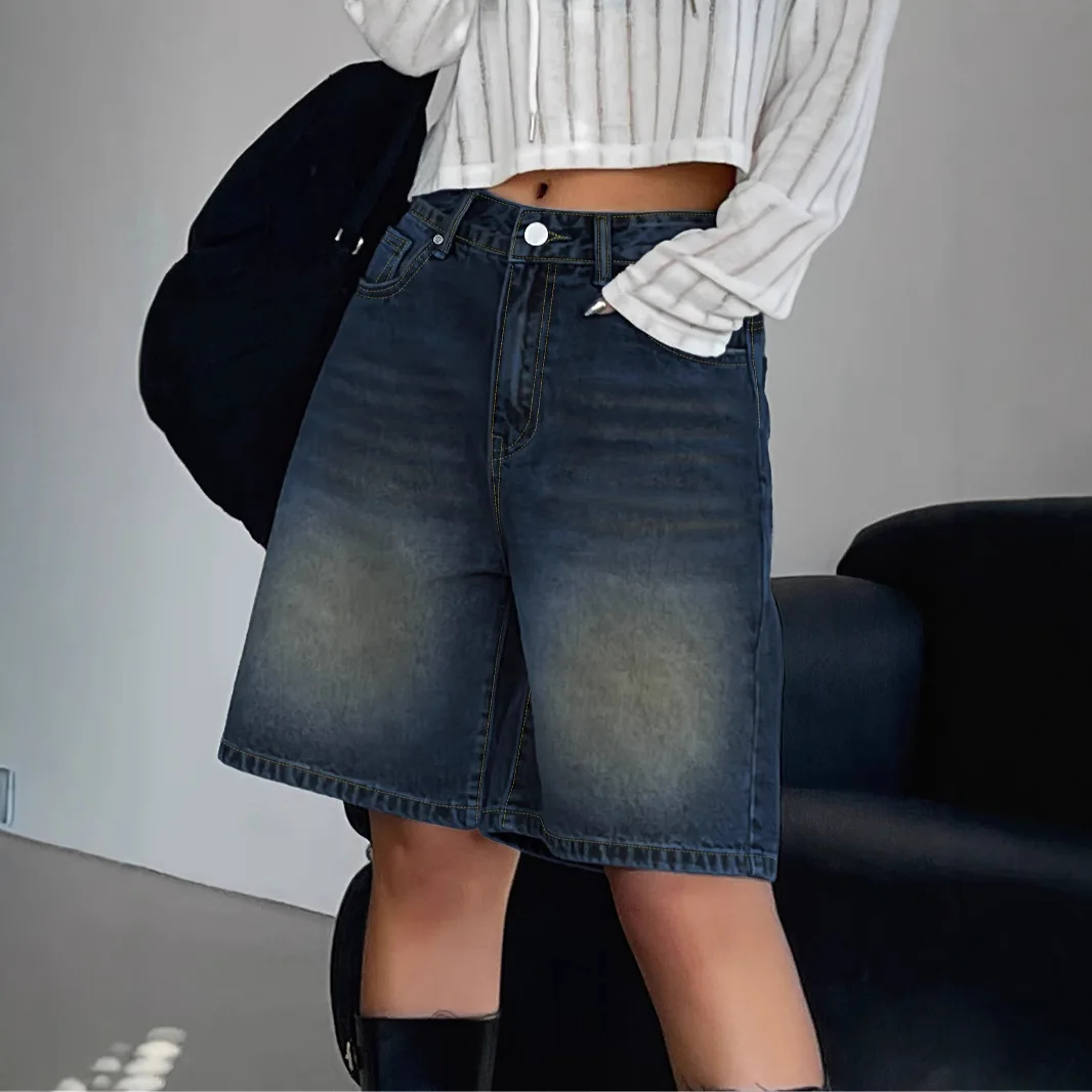   المرأة عالية الخصر الدنيم السراويل الأمريكية خمر غسلها ألف خط منتصف طول جذوع فضفاضة تناسب مستقيم الساق الصيف عادية   #4