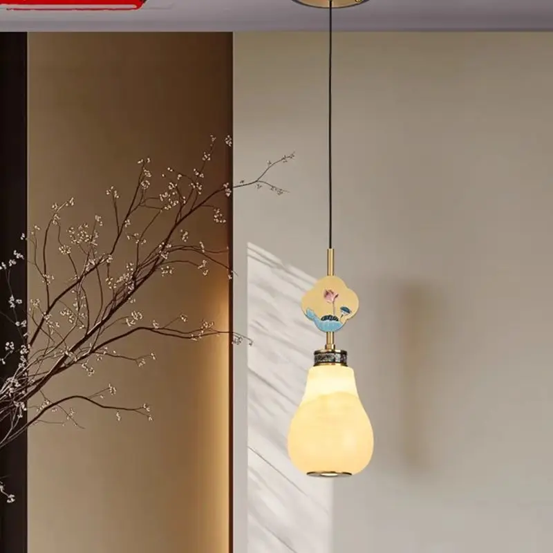 

Jade Headboard Pendant Lamp New Chinese Style Bedroom Hanging All Copper Design Living Room Sofa Background