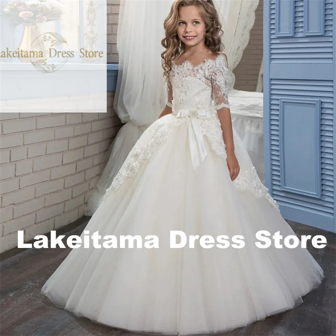 

Customization Lace Printed Princess Dress First Communion Dresses Half-sleeved White Angel Flower Girl Bridesmaid Wedding Dream