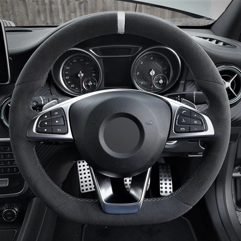 Alcantara Steering Wheel Cover Real Leather White Thread White Stripe Car Accessoires for Mercedes-Benz C200 C250 C300 LA220 CLS