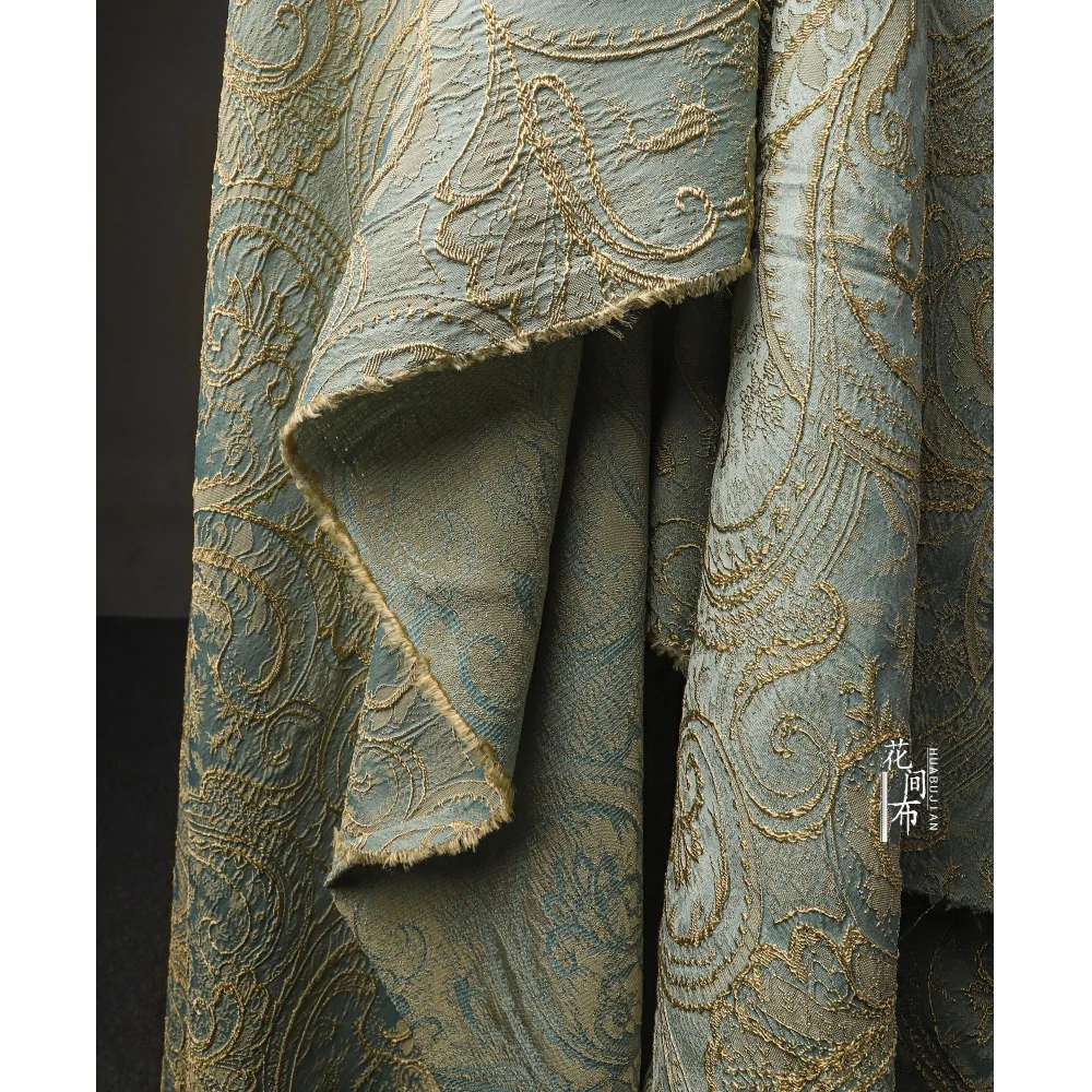 Blue Gold Silk Patterned Cotton Linen Fabric Jacquard Three-dimensional Relief Curtain Decoration Skirt Clothing Design Cloth