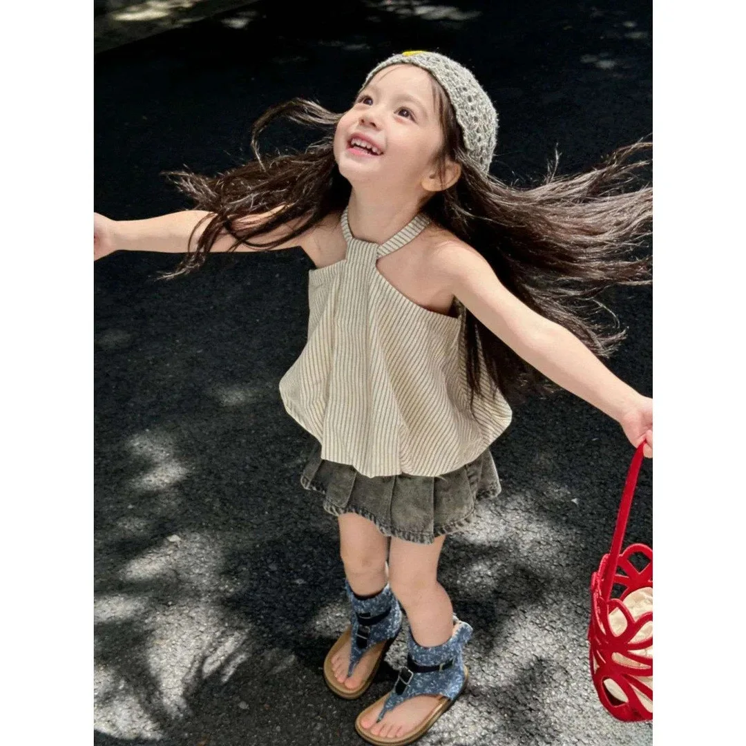 Girls Outfit 2026 Summer Fashion New Small-Brand Simple Chic Casual Stylish Girls Halter Neck Striped Top and Denim Skirt Set