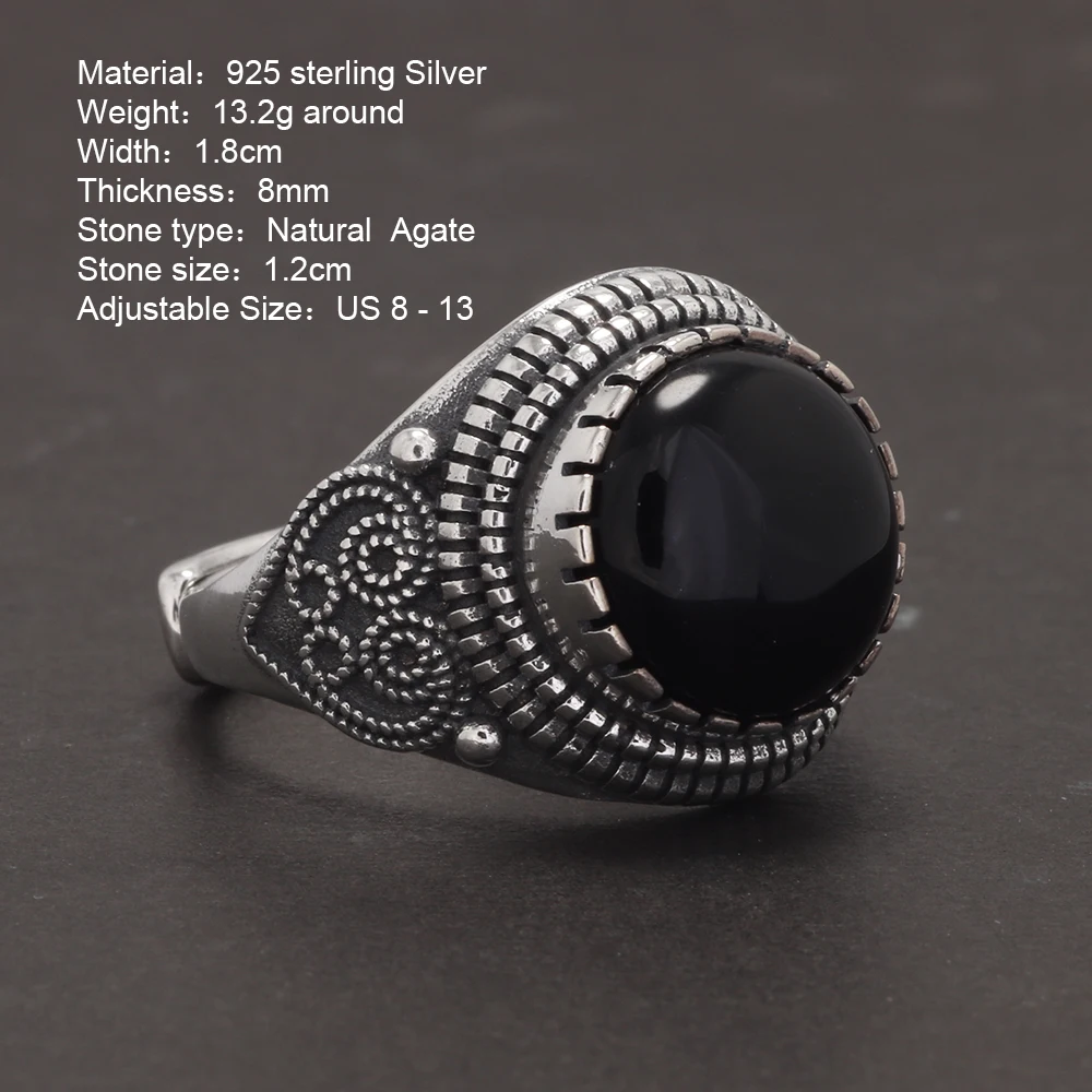 Real Pure 925 Silver Ring for Men Round Stone Natural Black Agate Antique Heart Pattern Fine Jewelry