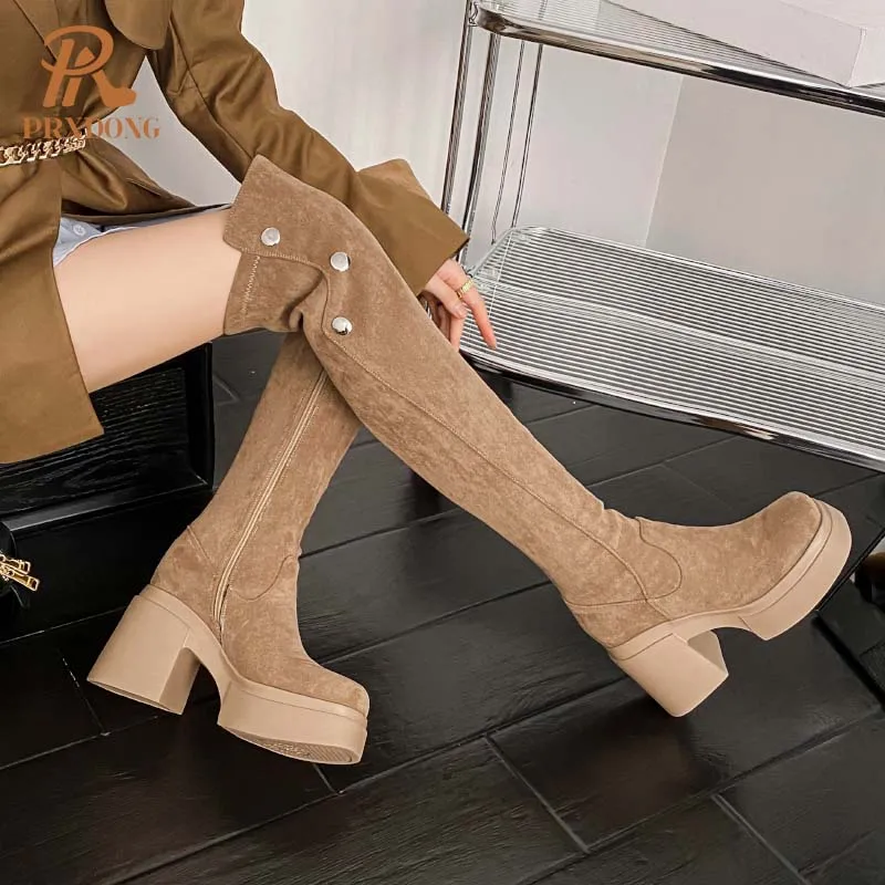 PRXDONG Damskie buty jesienno-zimowe 2024 Nowa moda Wysokie obcasy Gruba platforma Czarna sukienka Party Casual Over The Knee High Boots