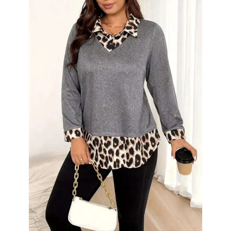 

Плюс размер 1XL-5XL, осенний новый женский свободный топ с леопардовым принтом и пуговицами спереди, с длинными рукавами
