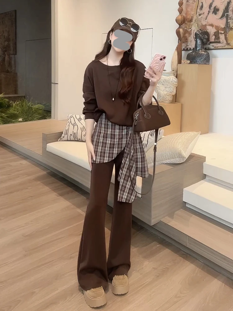 

Модный комплект из худи оверсайз с широкими плечами и брюк в клетку с микро-клешем для женщин, осенняя новинка, повседневный стиль