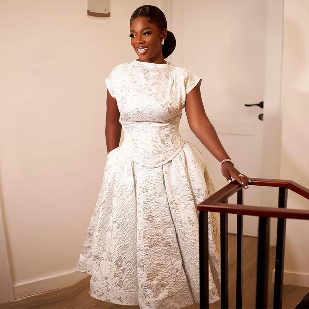 Abito da sposa elegante stampato increspato da donna a vita alta girocollo senza maniche a-line con lacci abiti da ballo da sera alla moda femminile