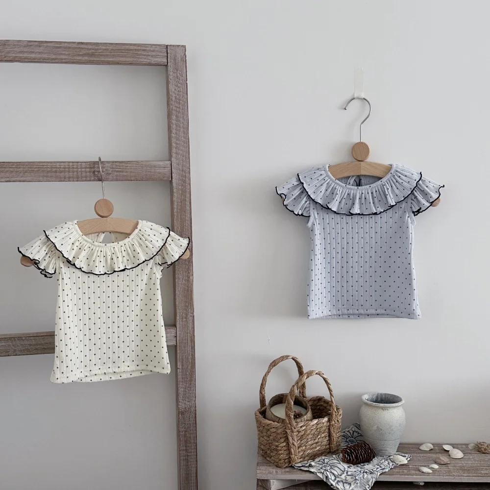 2026 Summer Baby Girls T-Shirts Polka Dot Short Sleeve Tops Korean Style Lapel Collar Infant Cotton Shirt Toddler Casual Clothes