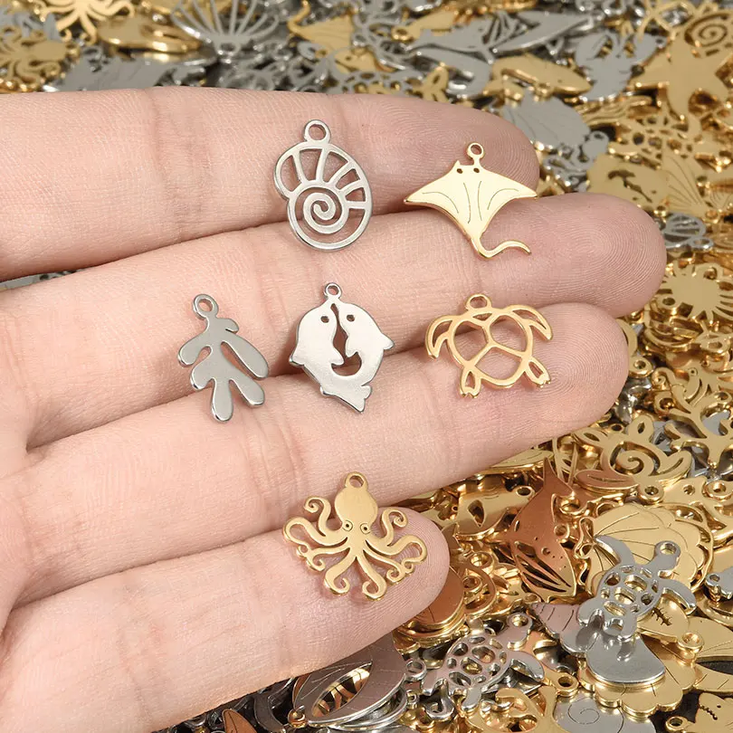 10Pcs Stainless Steel  Bulk Sea Animal Starfish Tortoise Octopus Conch Shell Charms Mini Dolphin Mermaid Tail подвеска Jewelry