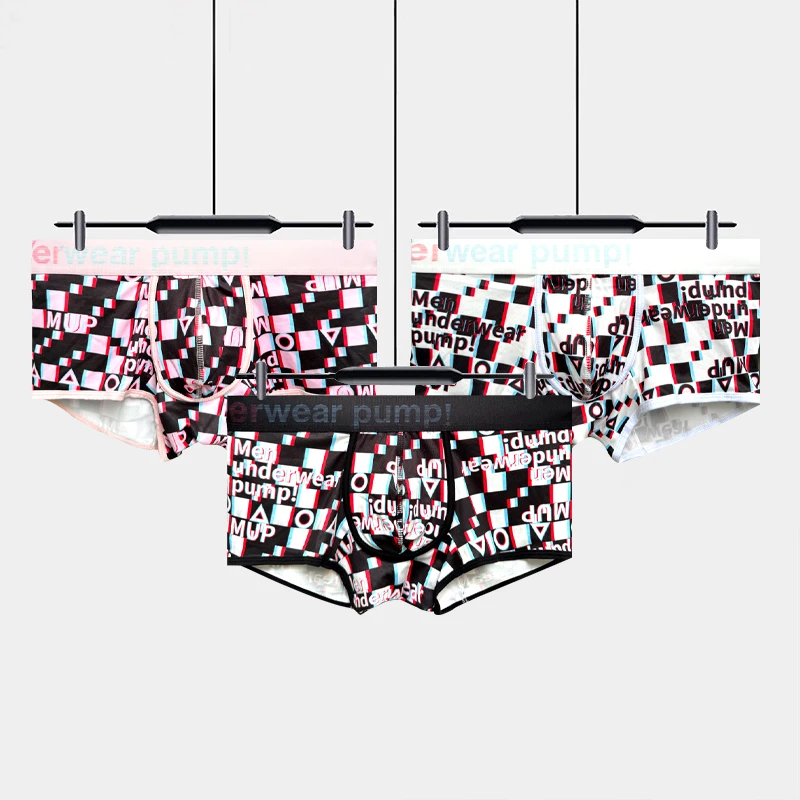 Boxer sexy da uomo Pantaloncini serie Graffiti Stampa scozzese Cintura alta elastica Borsa convessa a U Più pompa Biancheria intima comoda e traspirante