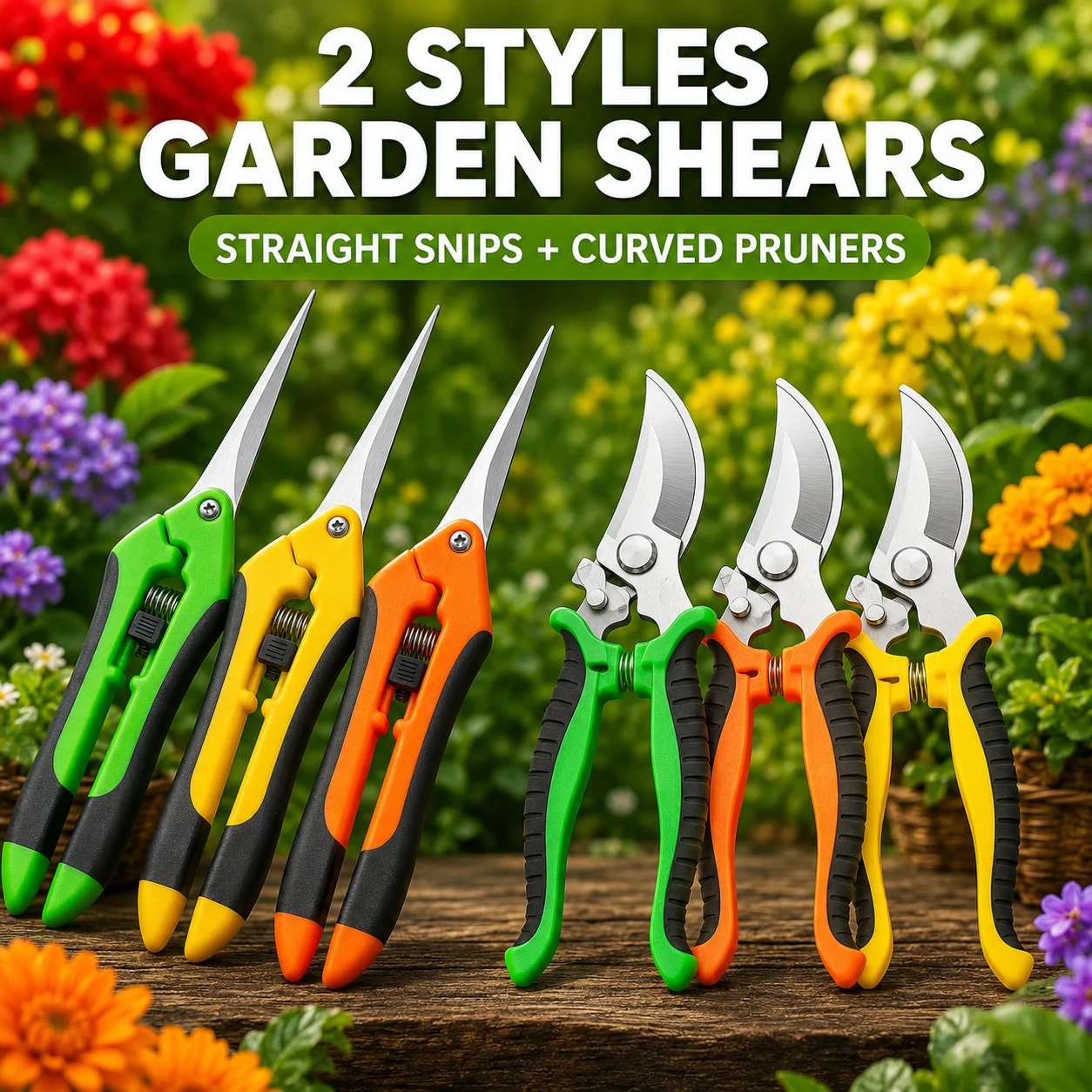 2Pcs Garden Pruning Shears Set, Straight Snips + Curved Pruners, Stainless Steel Blades for Flowers Fruit Bonsai Branches