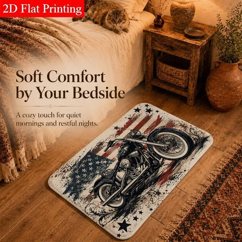 2D Printing Motorcycle Style Doormat Polyester Mat Home Decor Entrance Rug American Flag Patriotic Design for Bedroom