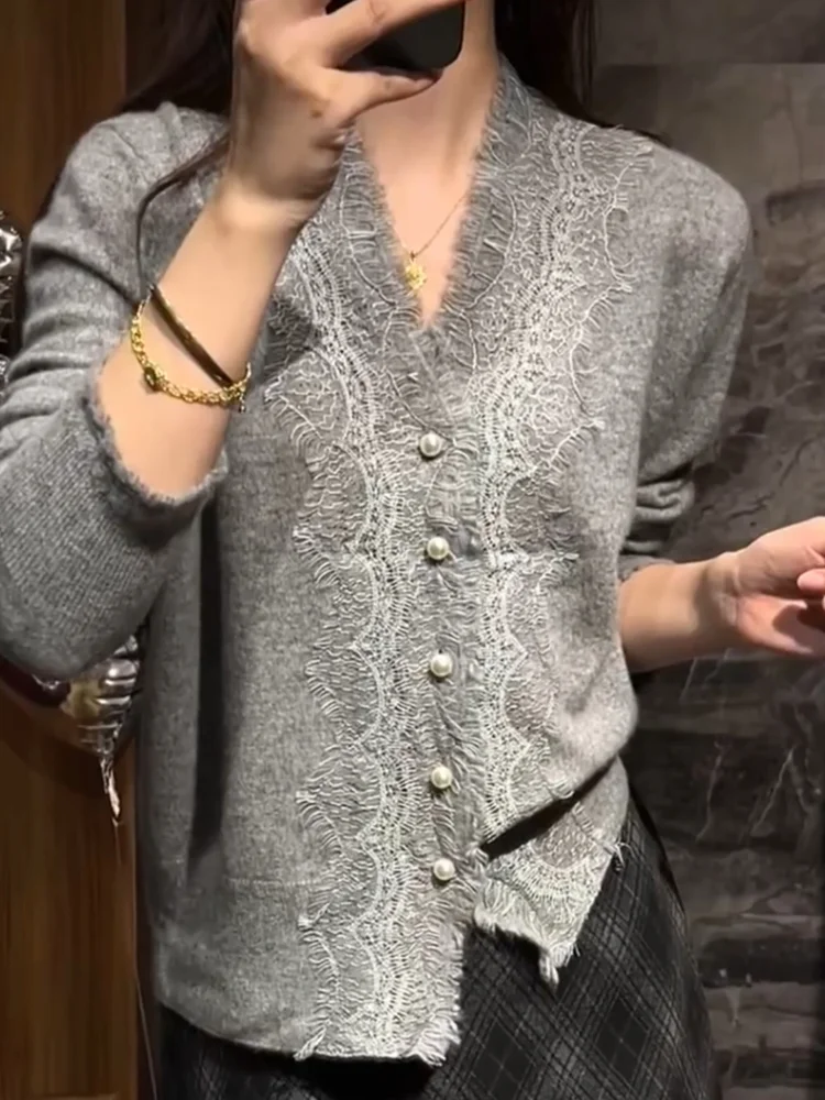 

Корейский дизайн, вязаный кардиган с кружевными вставками, осенняя новинка, модный, больших размеров, универсальный, теплый, с длинными рукавами