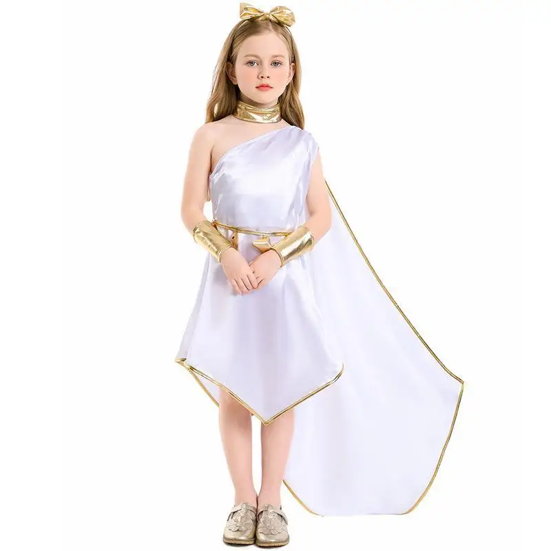 

Halloween Mythological Goddess Cosplay Costume White Oblique Shoulder Gown Stage Performance Women's Fashion PU Dress
