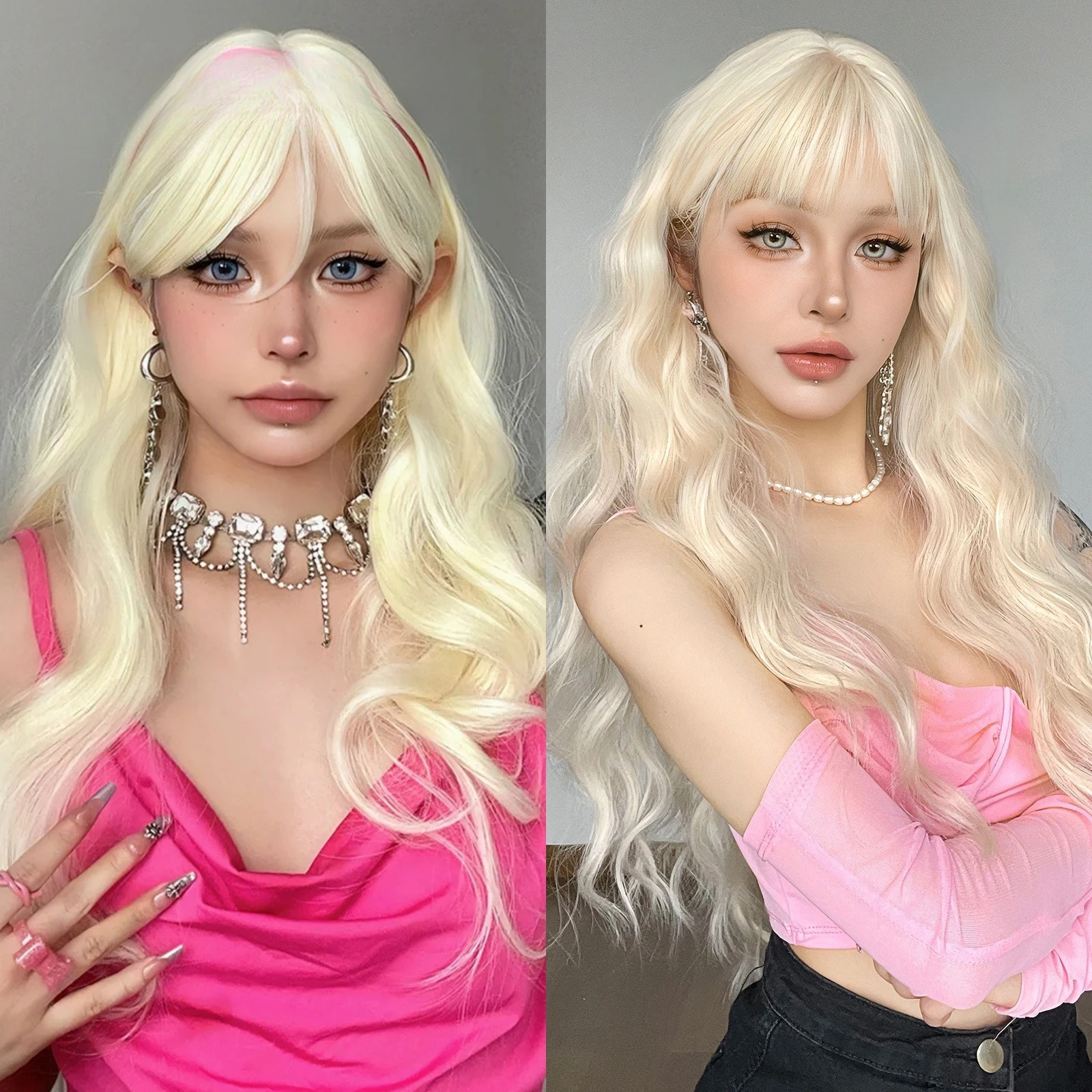 Peruca de fibra química coreana feminina cabelo longo Qi franja ouro branco fofo moda natural arnês