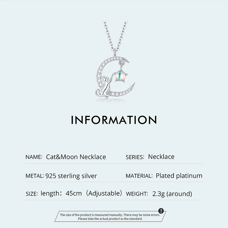 WOSTU 925 Sterling Silver Cute Cat Moon Pendant Necklace For Women, reamy Moonstone Zircon Charm Necklaces Special Gift For Her