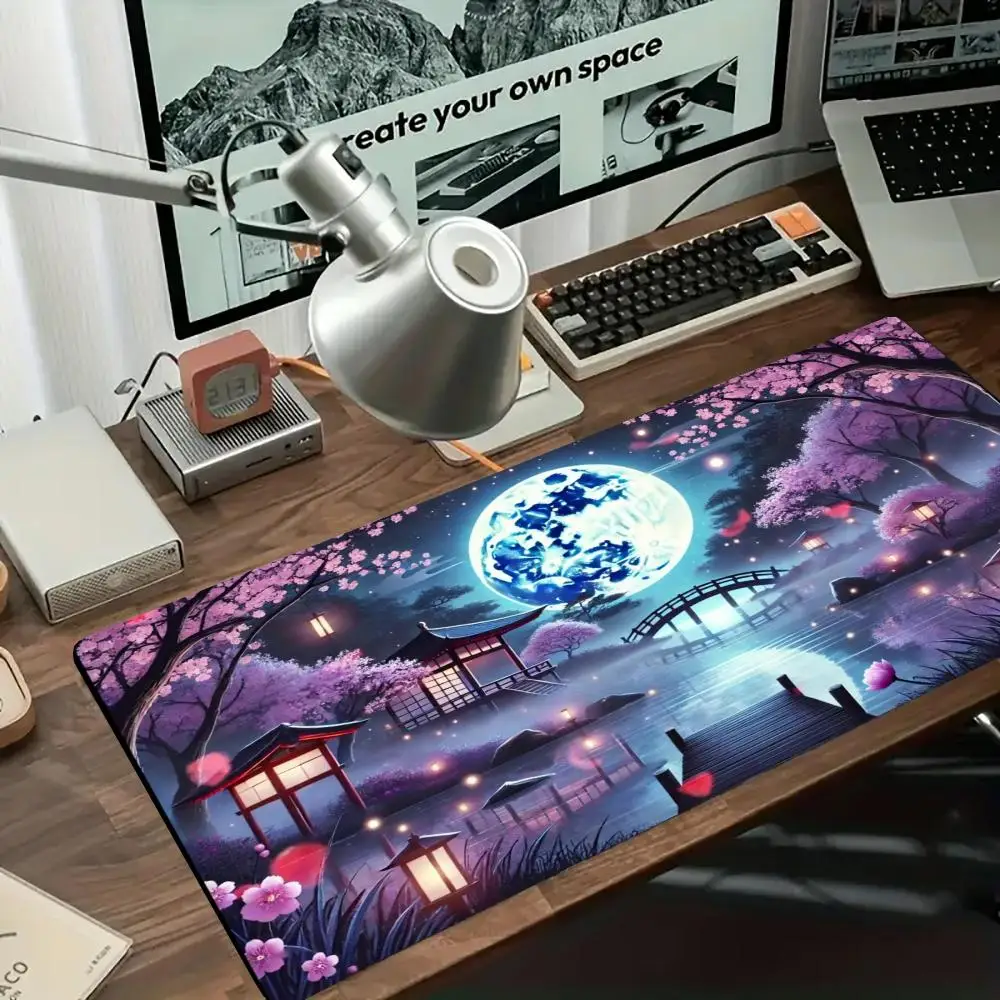 Ancient castle cherry blossom pink moon playmat large size keyboard  laptop games bedroom learning office desktop mousepad