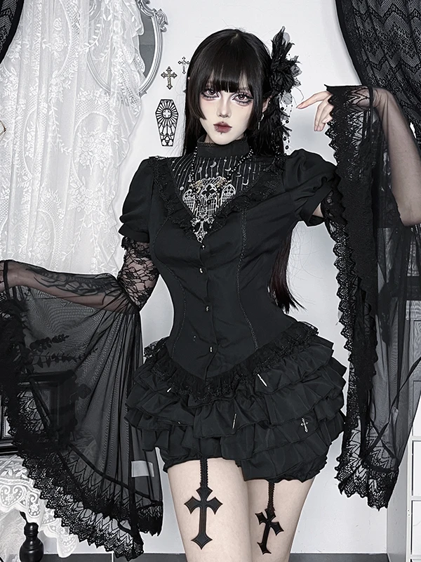Y2k-Blusa de un solo pecho para niñas, conjunto de encaje de estilo oscuro, ropa de calle gótica con mangas empalmadas, disfraz de Cosplay, traje de Halloween