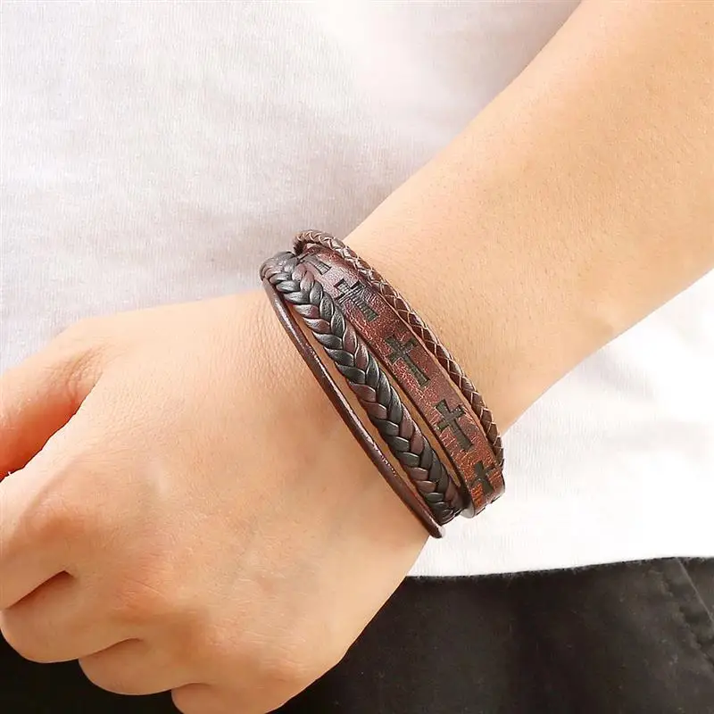 New Cross Design Leather Bracelet for Men 19/21/23cm Hand-Woven Multilayer Leather Bracelets Punk Bangles Fashion Jewelry Gifts