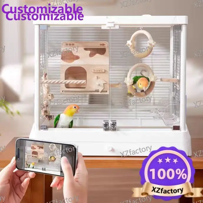 Panoramic Glass Bird Cage, High Transparent Household Parrot Cage for Budgies, Peony Parakeets and Cockatiels