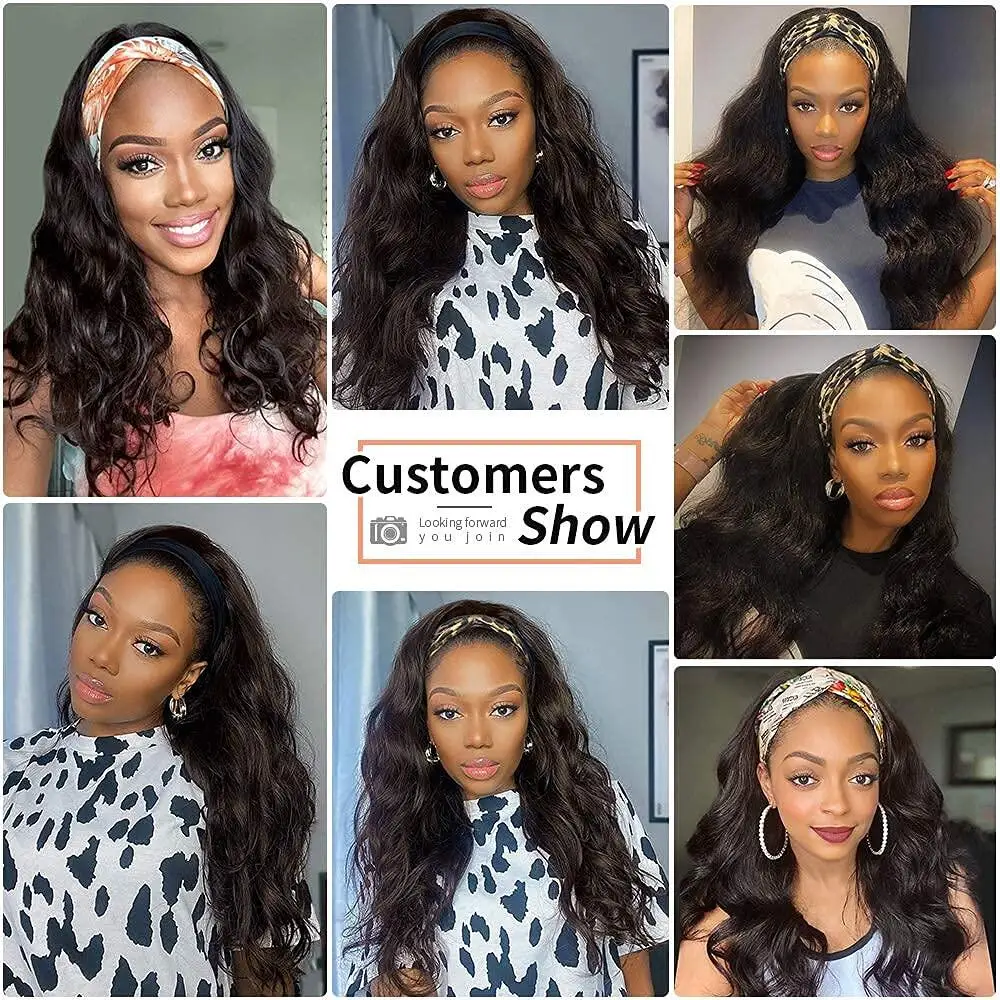 Body Wave Headband Human Hair Scarf Wig Brazilian Virgin Human Hair Wigs for Black Women Headband Machine Made Body Wave Wigs