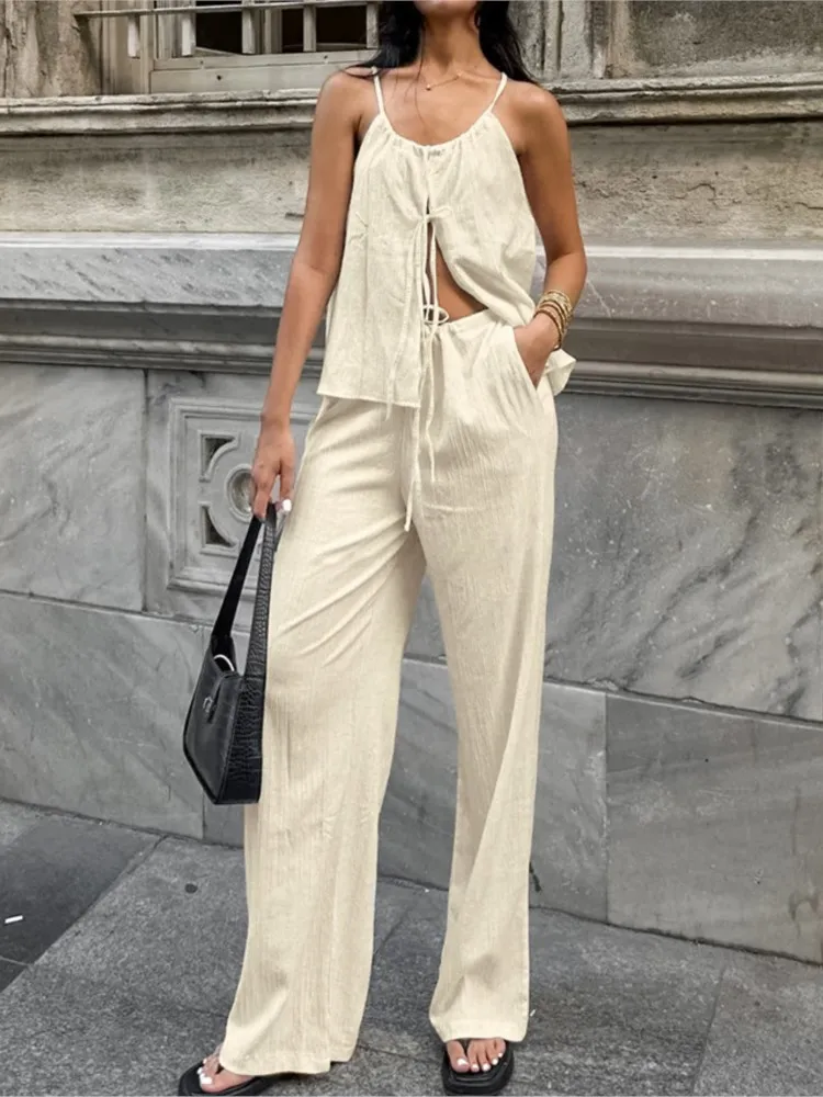 

Woman 2 Piece Set Outfit Casual Lace-up Top Wide-leg Pants Two Piece Outfits Off Shoulder Solid Color Simple Style Temperament