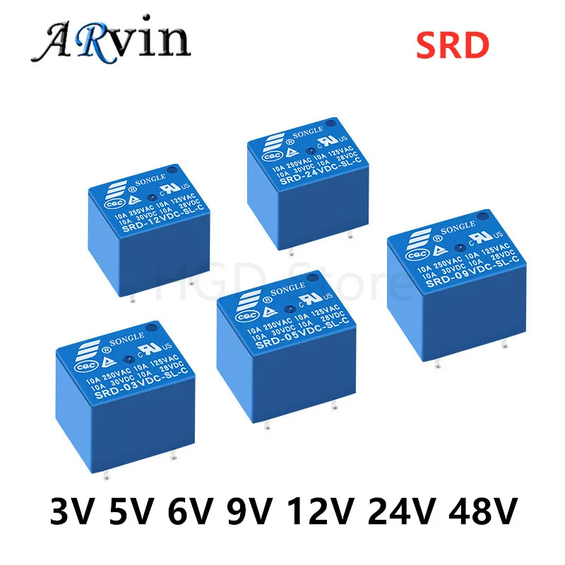 10pcs Relay SRD-03VDC-SL-C SRD-05VDC-SL-C SRD-12VDC-SL-C SRD-24VDC-SL-C 3V 5V 6V 9V 12V 24V 48V 10A 250VAC 5PIN Relays Relais