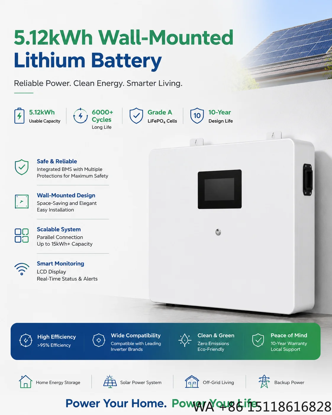 Smart 5.12kWh LiFePO4 Solar Storage Battery with 5-10kW Output for Hybrid Grid Home Use Wall-Mounted All-In-One System