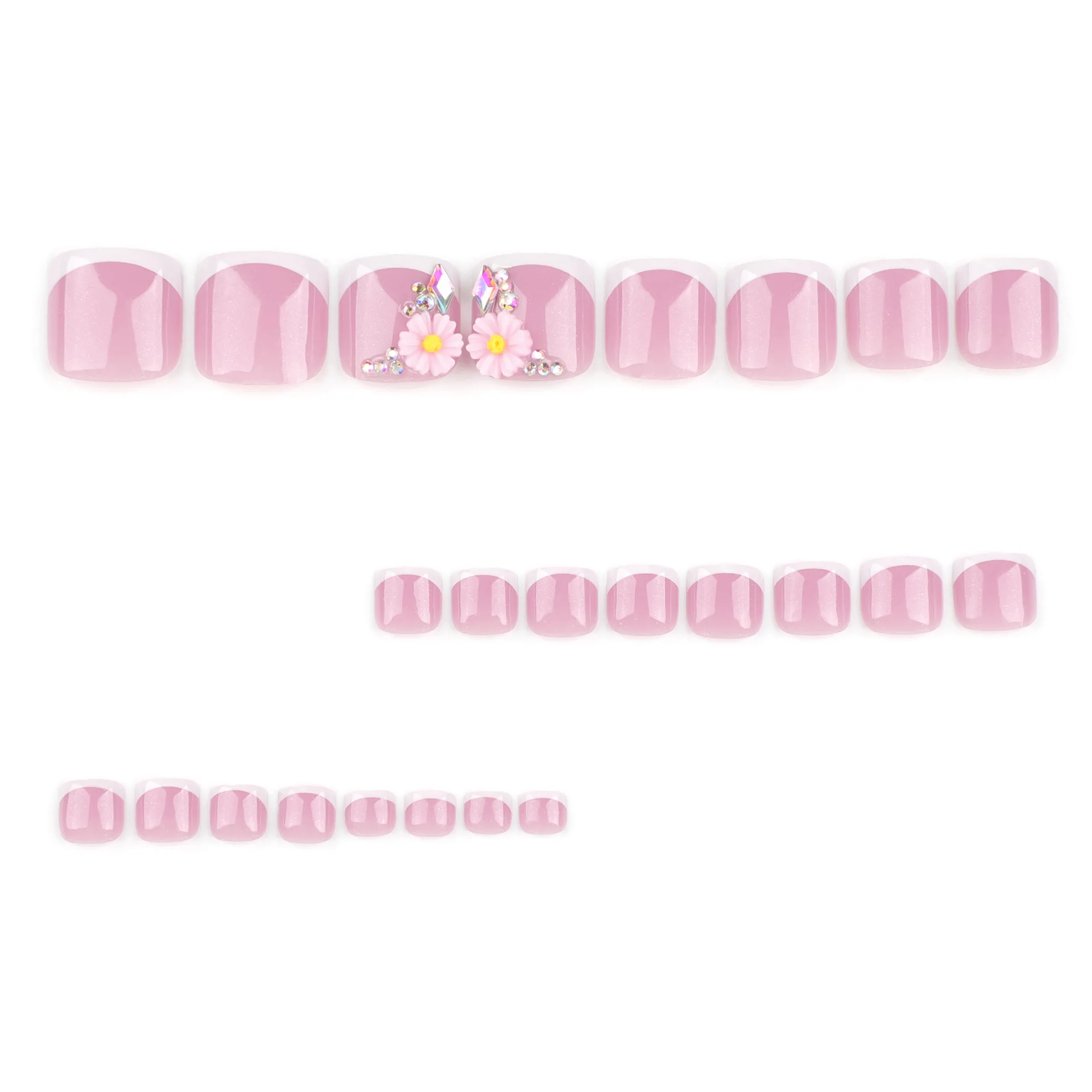 Uñas de los pies falsas de Color Nude, manicura usable para mujer y niña, diseño de flores de diamantes de imitación, estilo francés blanco