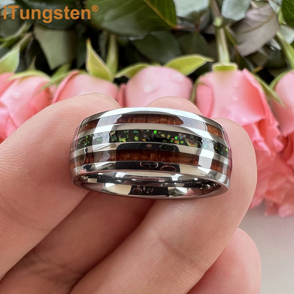 iTungsten 8mm Opal Ring Men Women Tungsten Engagement Wedding Band With Wood Inlay Domed Polished Comfort Fit