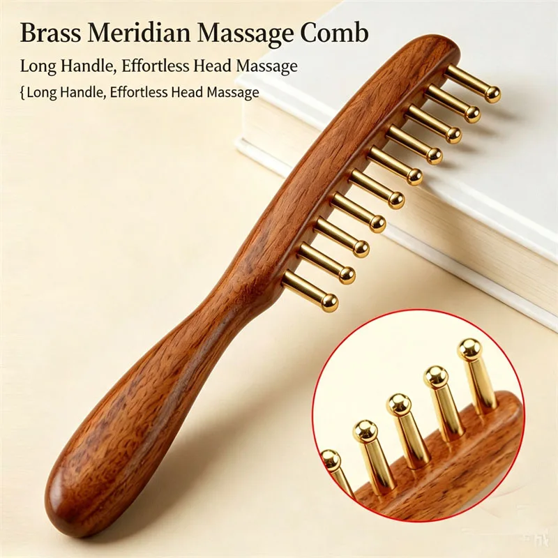 Head Meridians Massage Comb Long Handle Brass Head Massage Comb Round Ball Needling Copper Teeth Scalp Acupoint Massager Combs