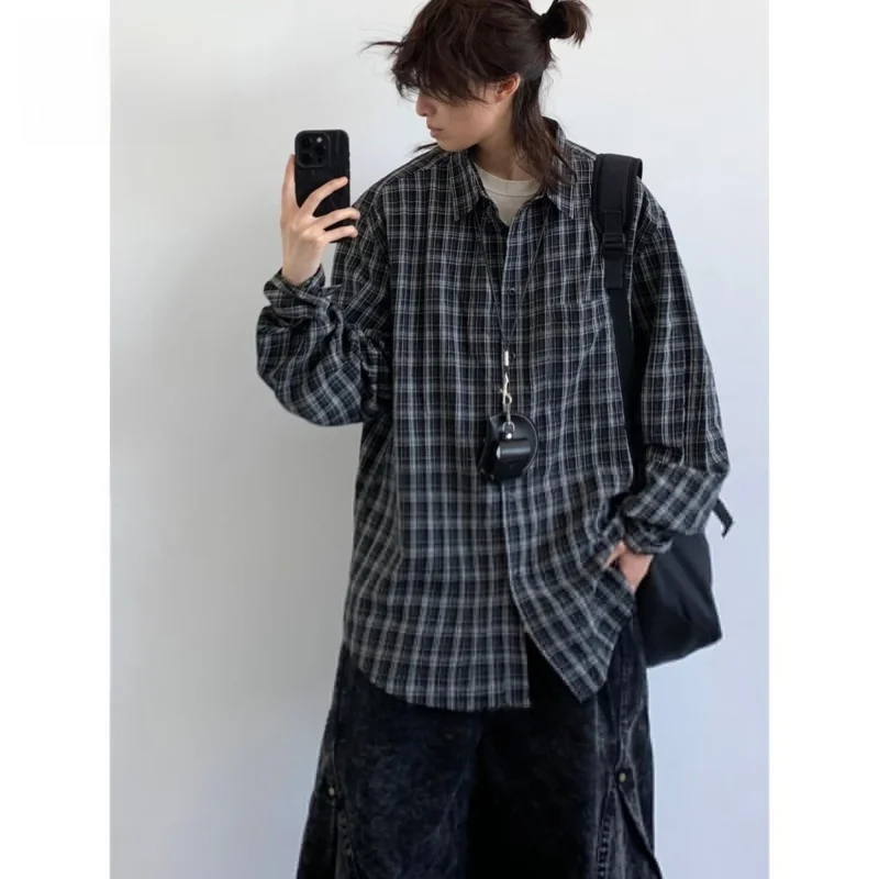 

Американская ретро-рубашка в клетку с длинными рукавами, свободная повседневная мужская рубашка, солнцезащитное пальто для пар, модная городская одежда из полиэфирного волокна