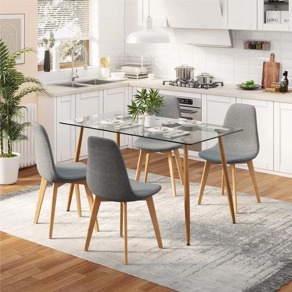 

5-Piece Dining Set with 51 L X 27.5 W Rectangular Table and 4 Grey Linen Chairs for Kitchen, Dining, and Living Spaces