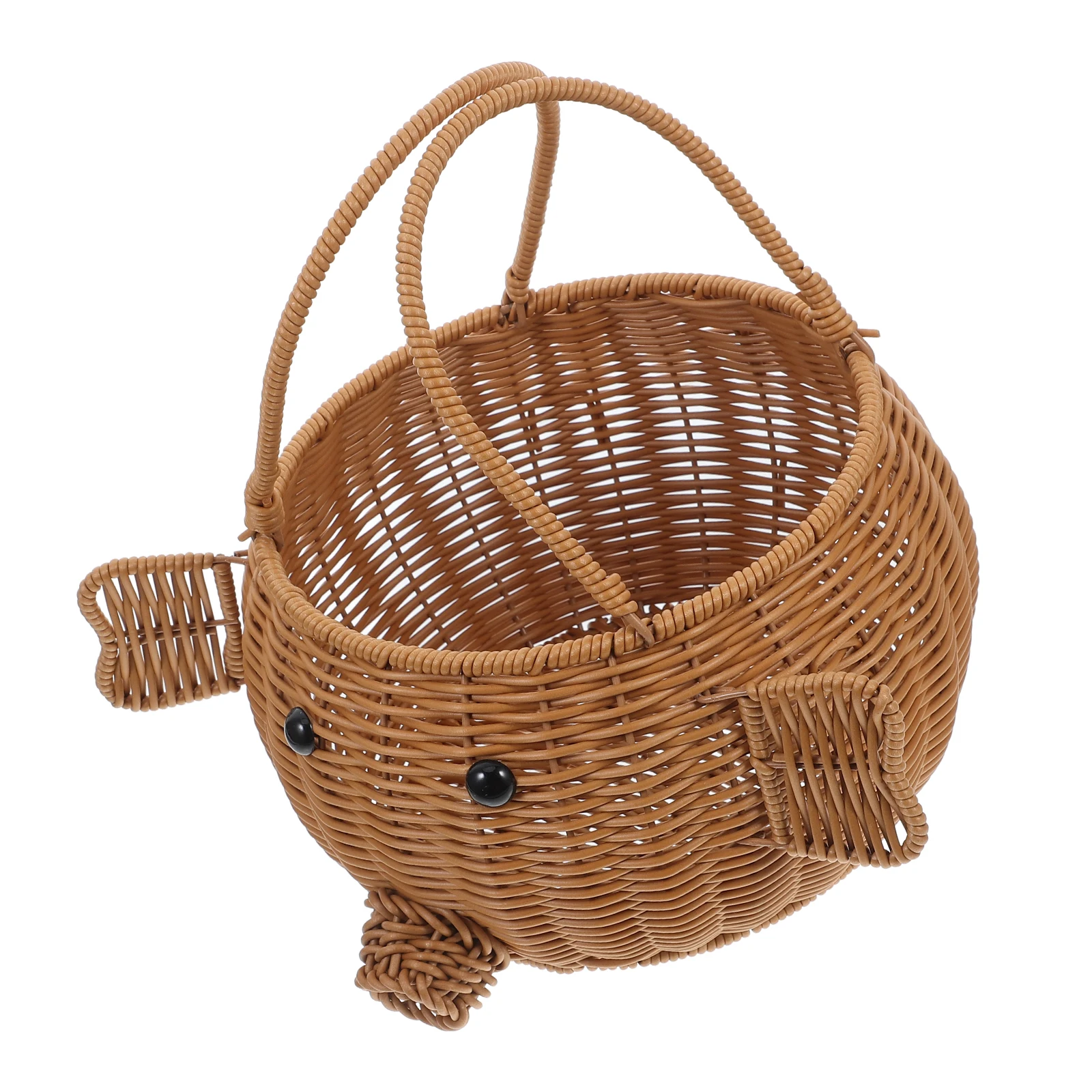 

Cute Pig Shaped Woven Basket Lightweight PP Material Multifunctional Storage Picnic Rattan Style Handmade Brown Fruit Holder