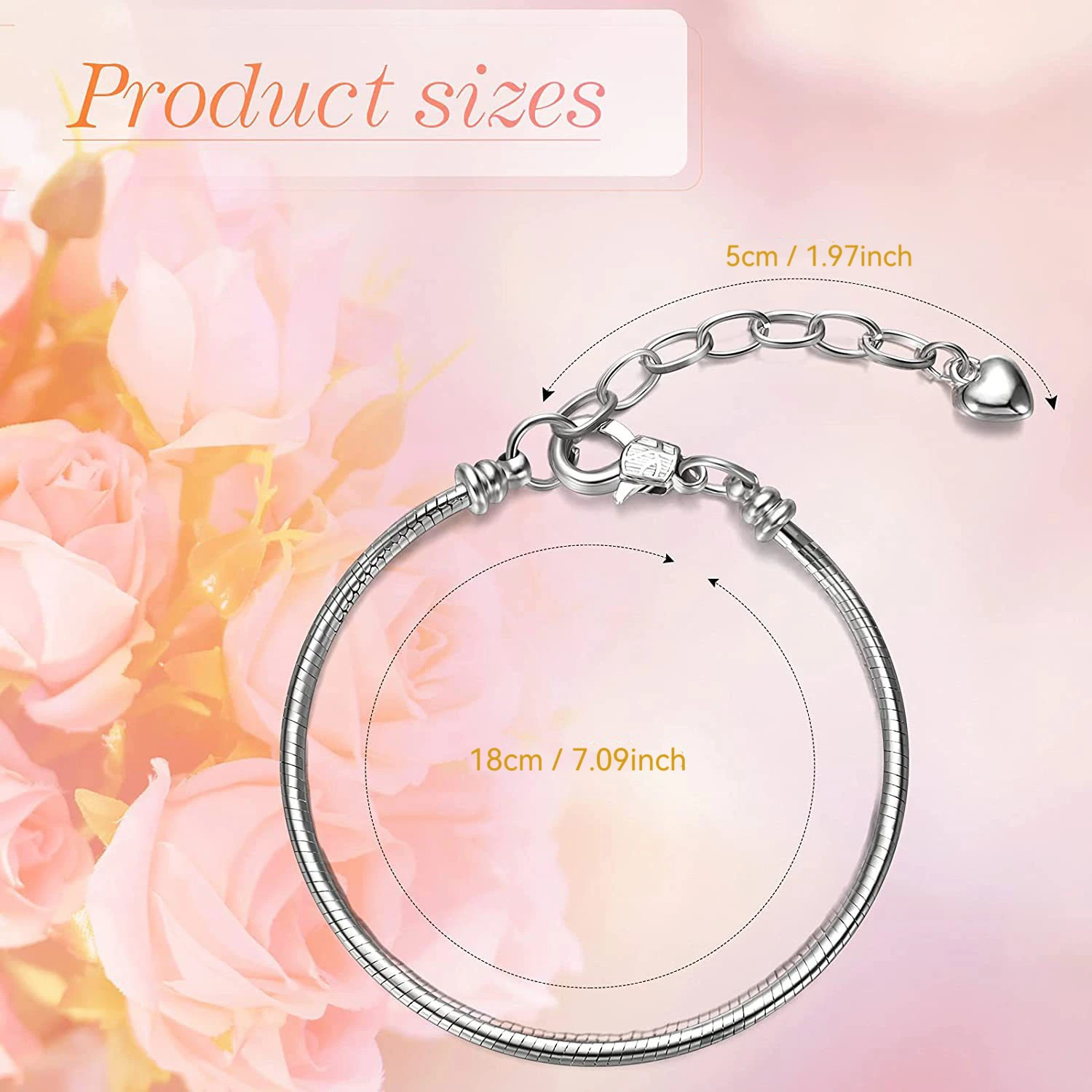 Set of 50 Silvery Snake Chains (20 cm with Extender) including 3 Clasp Tools; Suitable for Use with Large-Hole Beads to Create Stylish DIY Bracelets.