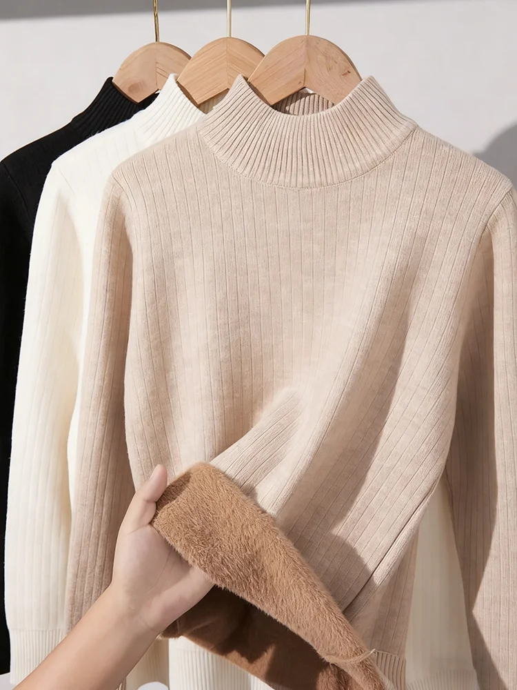 Women Elegant Thicken Velvet Lined Warm Sueter Knitted Pullover 2026 Autumn Winter Turtleneck Sweater Warm Versatile Knit Tops