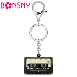 BONSNY Acrylic Vintage Cassette Magnetic Tape Keychains Key Chains Key Ring For Women Kids Friends Charm Retro Jewelry Gifts
