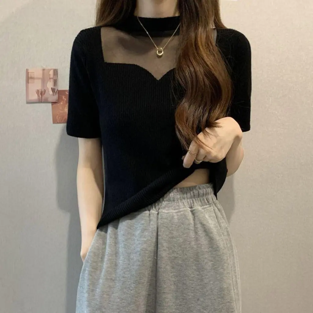 Camisa básica de seda helada de verano de talla grande, camiseta adelgazante Retro calada que cubre el vientre de manga corta para mujeres regordetas