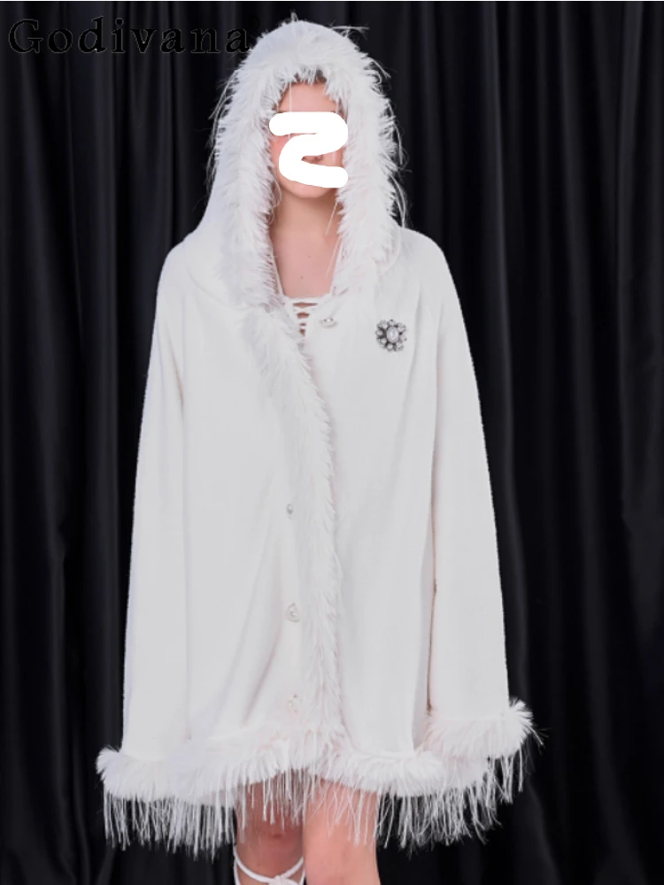 

Autumn Winter Fashion Girl Versatile Age-reducing Knitted Cardigan Personality Street Elegance Solid Color Tassel Hooded Cape