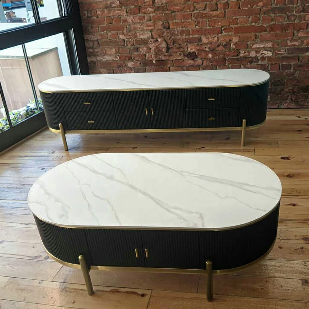 

#Modern TV Unit Sintered Stone Top Golden Stainless Steel Base Storage Drawer Coffee Table Cabinet Living Room