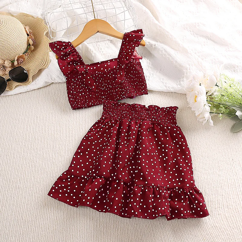Girls\' Clothing Set 5-12T Tri-Color Optional Flying Sleeve Square Collar Vest Top + Lace Skirts  Children Girls Baby Clothes Set
