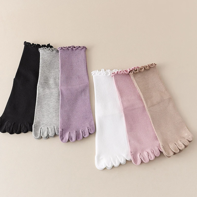 1/5 Pairs Women Five Toe Crew Socks Ruffle Frilly Cuff Soft Ribbed Cotton Split Toe Yoga Socks Breathable Casual Home Socks