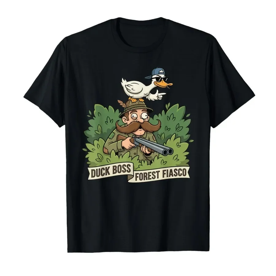 

Duck Boss Forest Fiasco Funny Hunter Graphic Tee Breathable Cotton Short Sleeve T-Shirt for Men