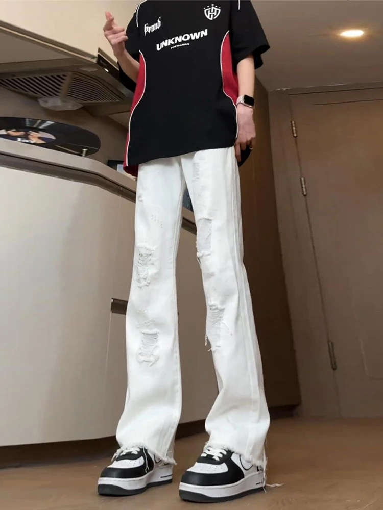 

Белые рваные джинсы для мужчин, летние, удлиненные, больших размеров, с легким расклешением, в стиле американского стритстайла, прямые джинсы